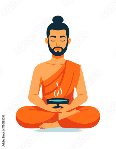 Man Meditating Lotus Pose Monk Drinking Tea Spiritual Practice