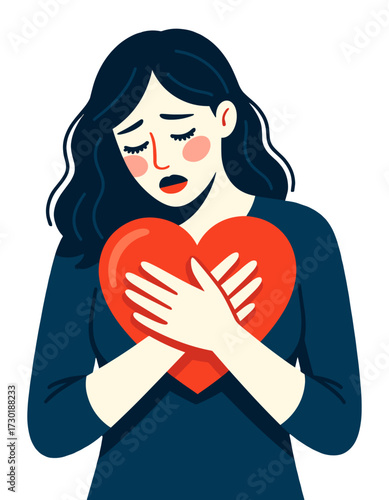 Sad Woman Holding Red Heart Heartache Concept Flat Cartoon Style
