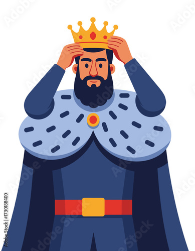 Bearded King Putting On Crown Medieval Ruler