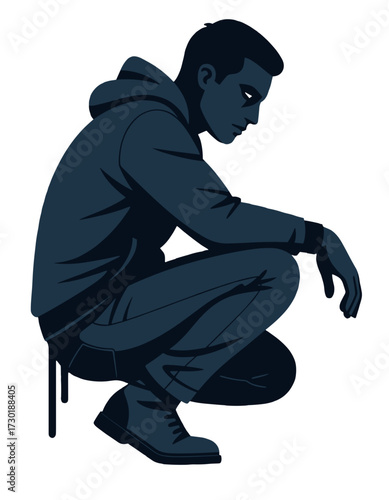 Cool Guy Squatting Looking Down Hoodie Urban Style Gaze
