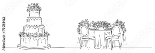 Wedding Cake and a Romantic Table Setting in One Line Drawing