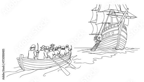 Pirates in a Rowboat Approaching a Ship One Line Art