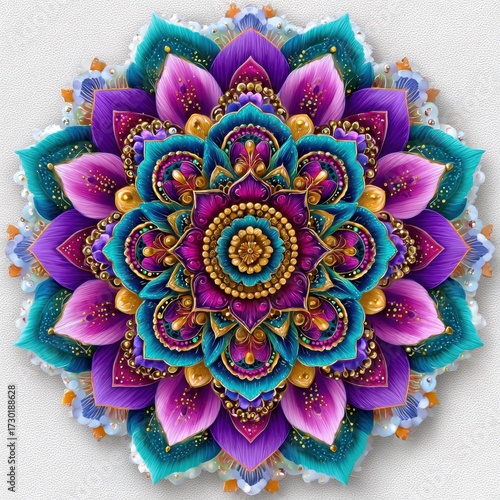 A vibrant mandala design featuring intricate patterns and bright colors, symbolizing harmony and spiritual connection.
