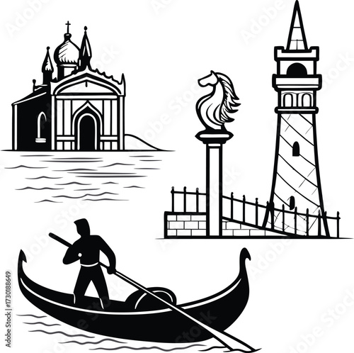 Discover Venice Italy with Iconic Landmarks like Gondola Rides, Churches, and Historic Towers in a Stylish Vector Graphic for Travel and Culture