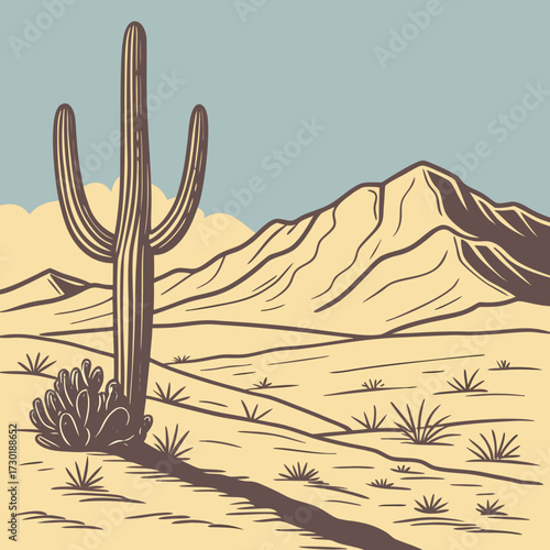 Stylized illustration of a solitary saguaro cactus standing tall in a vast desert landscape with rolling hills and majestic mountains under a serene blue sky