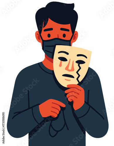 Man Wearing Mask Hiding Sadness Behind Broken Mask Mental Health Anxiety