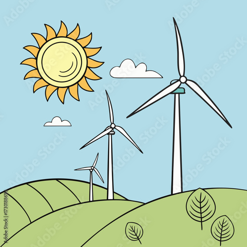 Stylized illustration of a sunny day with wind turbines generating clean energy on rolling green hills under a clear blue sky with fluffy white clouds and a bright yellow sun