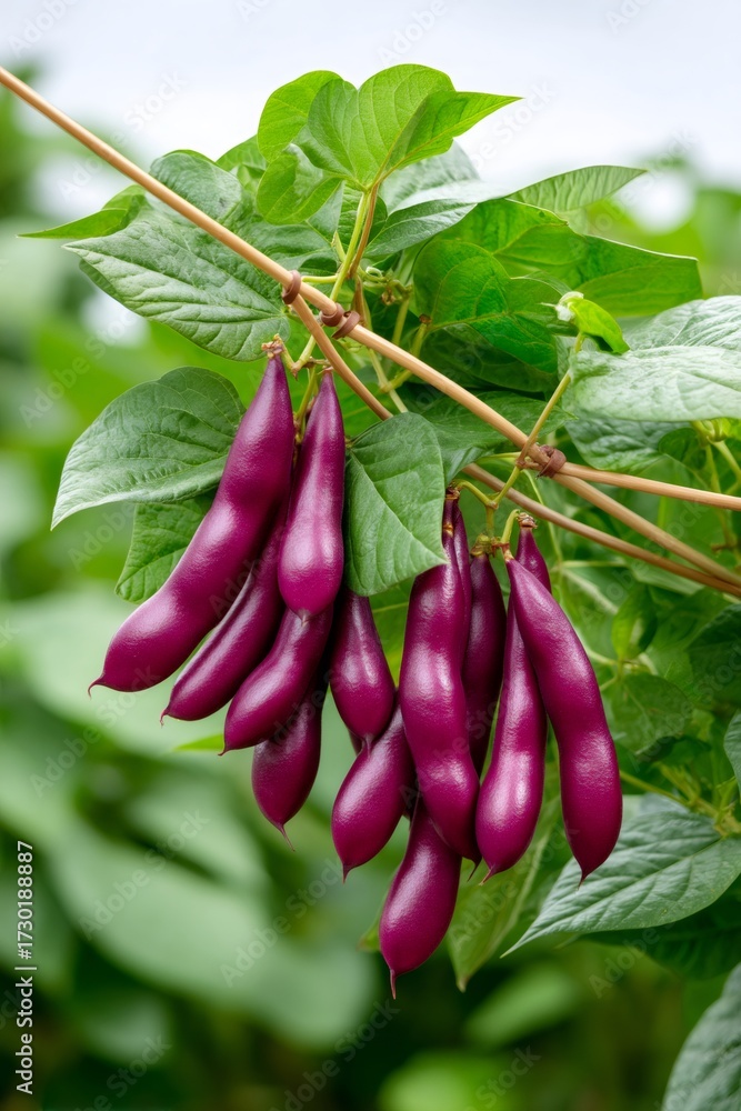 Fototapeta premium Purple beans growing on a plant in a garden