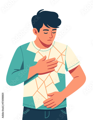 Young Man Suffering from Heartburn Chest Pain Abdominal Discomfort