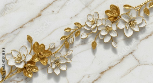 White and gold floral mural on marble with delicate branches — elegant 3D embossed wallpaper for luxury decor.
