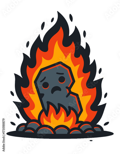 Sad Stone Monster Exploding Fire Lava Cartoon Character