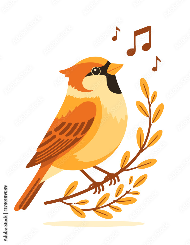 Fototapeta premium Singing Songbird Branch Musical Notes Nature Melody