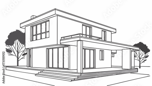 Illustration of a modern two story house with large windows and trees in a minimalist style drawing
