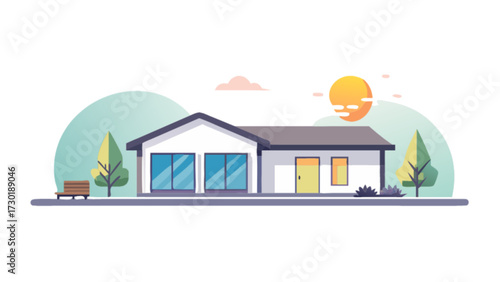 Illustration of a modern house with a bench, trees, and a sun in a daytime outdoor scene