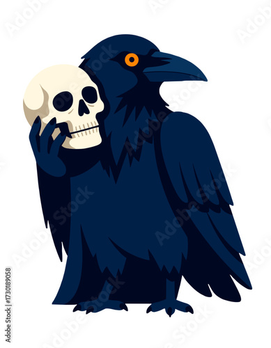 Dark Raven Holding Human Skull Macabre Gothic Art