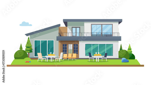 Illustration of a modern two story house with a balcony and outdoor seating area on a green lawn