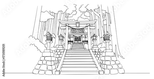 Japanese Shinto Shrine with Torii Gate in a Forest One Line Drawing