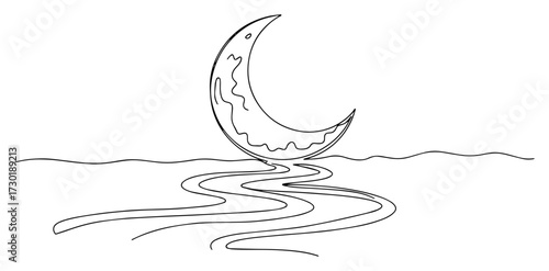 Crescent Moon with Reflection on Water in One Line Art