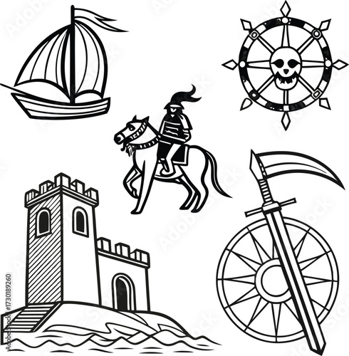 Classic medieval adventure icons collection with castle, knight on horseback, sailing ship, grim reaper sword and skull wheel, perfect for fantasy tales
