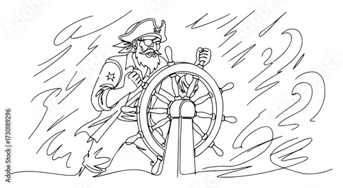Pirate Captain at the Ships Helm in a Storm One Line Art