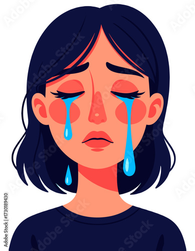 Crying Sad Woman Tear Drops Depressed Flat Style Face