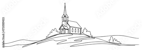 Single Continuous Line Drawing of a Church on a Hill