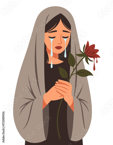 Weeping Woman Holding Bleeding Flower Sadness Melancholy Mourning Illustration