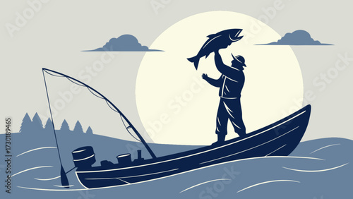Illustration of a fisherman holding a fish on a boat with a fishing rod and trees in the background