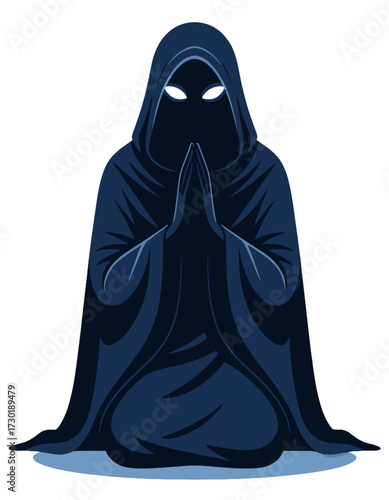 Mysterious Hooded Figure Praying Pose Monk Sorcerer Dark Isolated