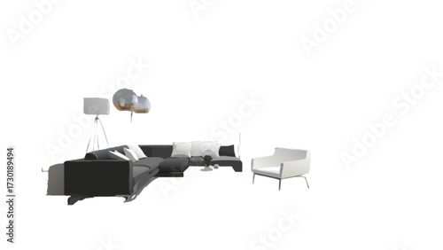 A living room setup featuring a dark gray sectional sofa, a white armchair, and decorative lamps on white