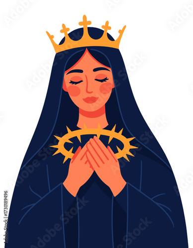 Virgin Mary Illustration Crown Thorns Simple Modern Religious Devotion