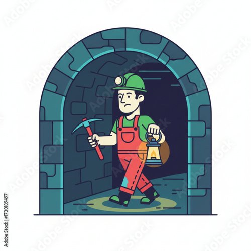 A miner wearing a helmet is walking inside a tunnel, carrying a pickaxe and a lantern to light the way.