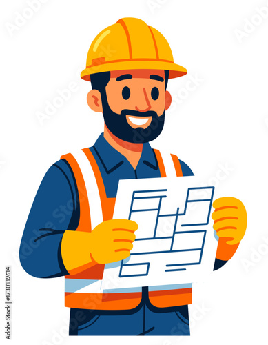 Construction Worker Holding Building Plans Happy Architect Builder Guy
