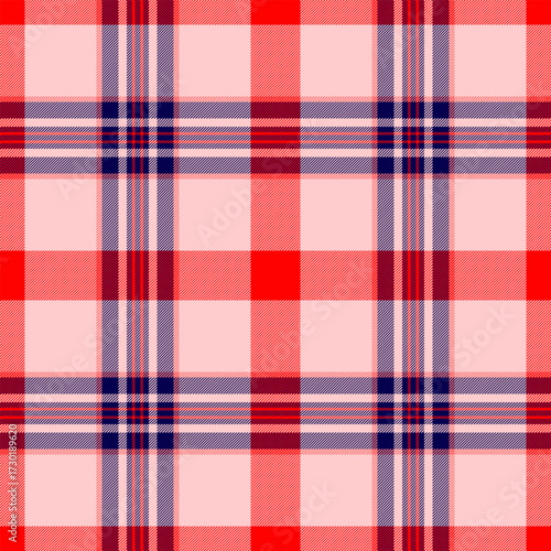Classic tartan plaid pattern with red, navy and pale pink hues. A versatile, woven textile design ideal for backgrounds, apparel or traditional themes.