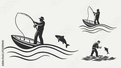 Illustrations of fishermen in boats and standing on water catching fish with fishing rods and nets