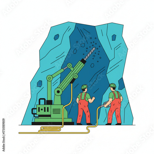 Two miners wearing helmets are operating heavy drilling equipment to break rocks inside a mine.