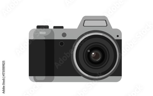 Illustration of a camera with a black lens and gray body on a white background.