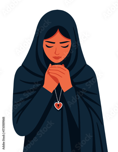 Woman Praying Veiled Headscarf Heart Locket Faith Devotion Islamic