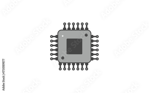 A stylized illustration of a central processing unit (CPU) chip with multiple pins.