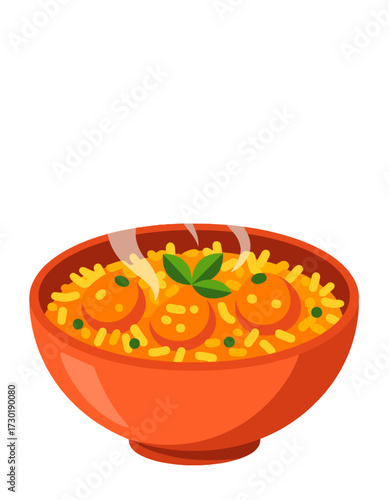 Hot Steaming Bowl Meatballs Rice Garnished Fresh Herbs Food Graphic