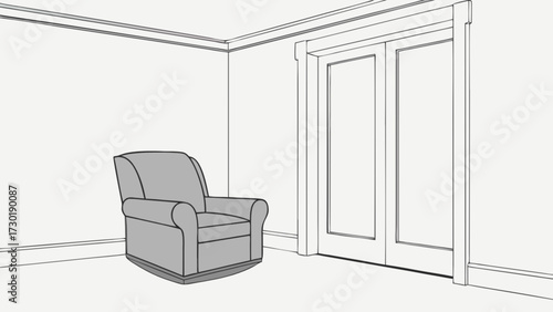Illustration of a gray rocking chair in a room with white walls and a double door on the right side