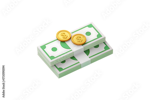 Stack of money with dollar coins isolated on transparent background