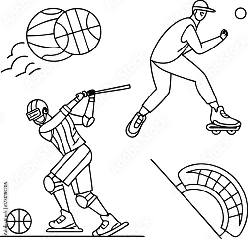 Dynamic sports icons showcasing hockey, baseball, and basketball action, perfect for athletic designs, team branding, and fitness promotions, originally vector