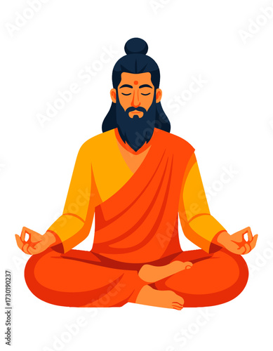 Indian Guru Monk Meditating Yoga Pose Spiritual Guidance Illustration