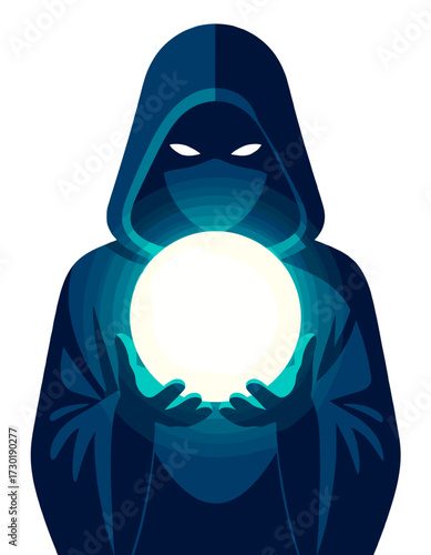 Mysterious Figure Holding Glowing Orb Dark Blue Cloak Magic Power Symbol