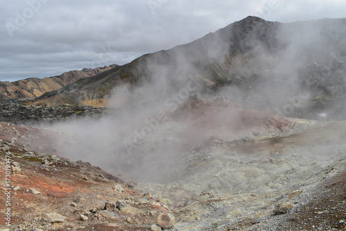 Smoke coming from a volcano, colorful mountains and rocks