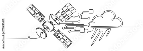 Continuous Line Art of a Satellite and Cloud Computing Technology
