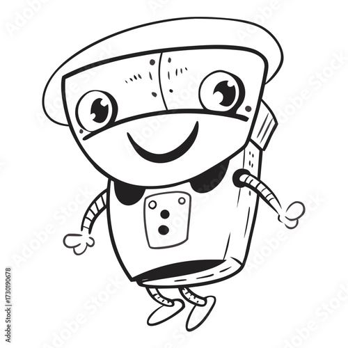 Cartoon robot character smiling and jumping with playful expression  