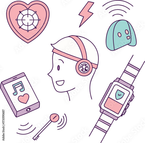 Brainwave sensor tech for meditation and wellness, wearable device and smart watch, mental health, focus, relaxation. Originally a scalable vector graphic