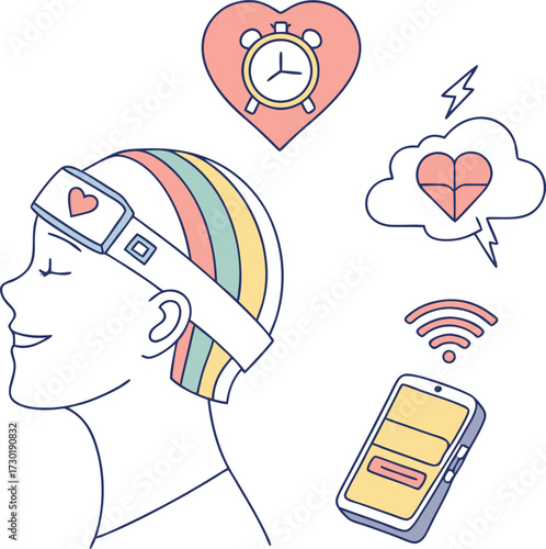 Modern EEG technology monitors brain activity for improved wellness and stress management showing a calm woman connected to mobile app for health insight